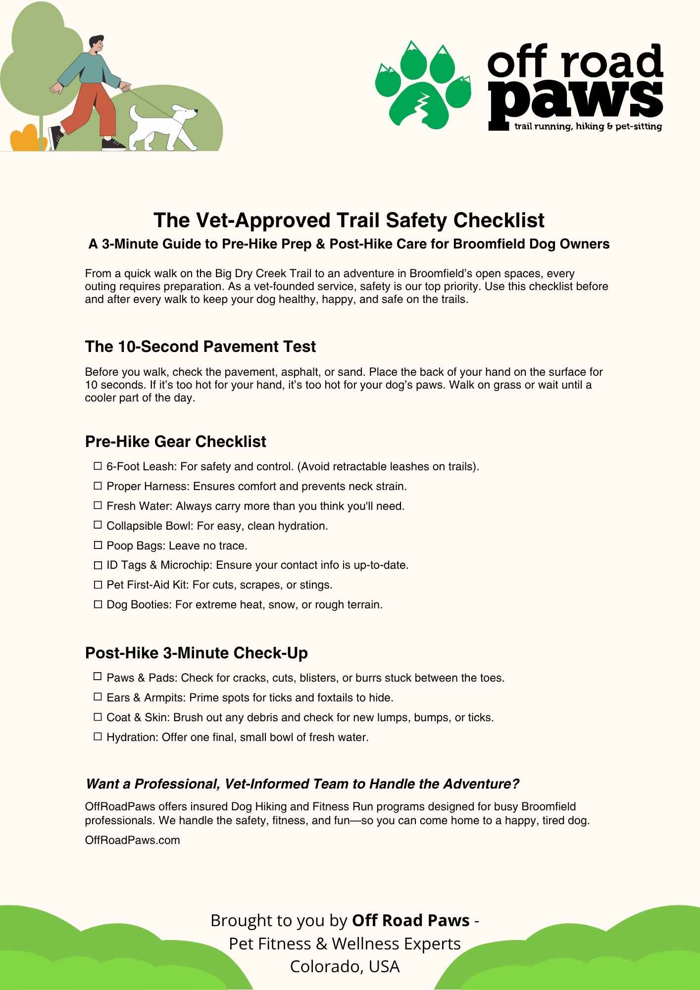 A one-page downloadable PDF titled "The Vet-Approved Trail Safety Checklist" from Off Road Paws. The document includes sections on The 10-Second Pavement Test, a Pre-Hike Gear Checklist, and a Post-Hike 3-Minute Check-Up, along with the Off Road Paws logo and a call to action.