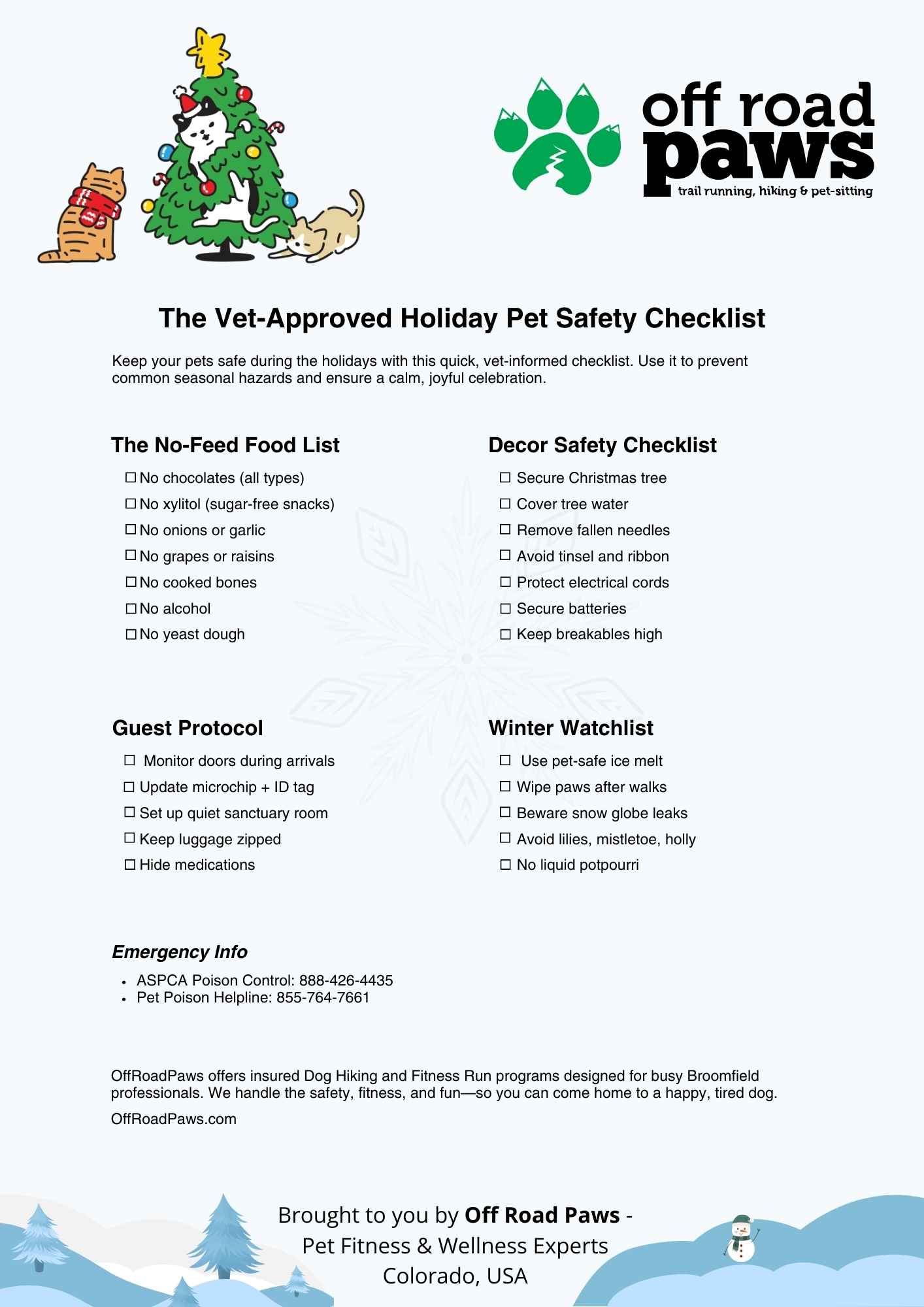 Printable Vet-Approved Holiday Pet Safety Checklist by Off Road Paws featuring toxic foods list, decor hazards, and winter safety tips for Colorado pets.