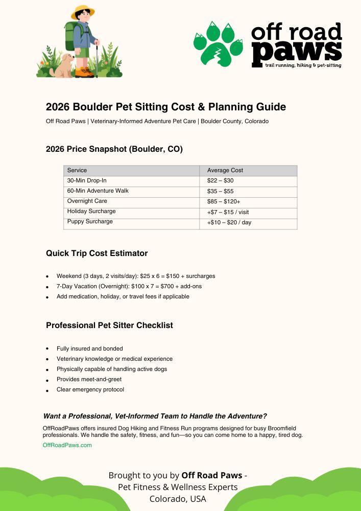 2026 Boulder Colorado pet sitter cost and planning guide by Off Road Paws showing pricing snapshot and professional checklist