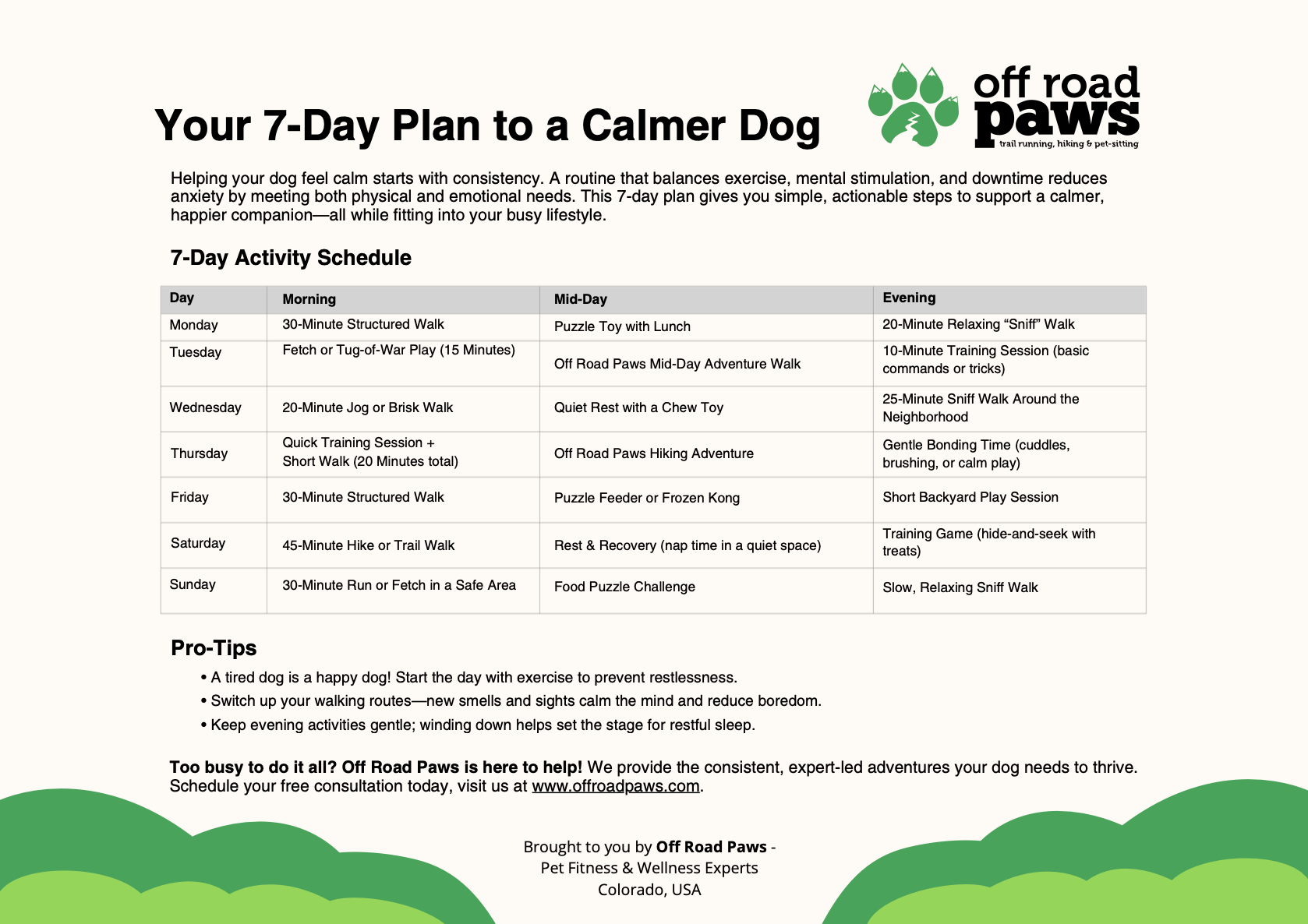 A preview of the 7-Day Plan to a Calmer Dog downloadable guide.