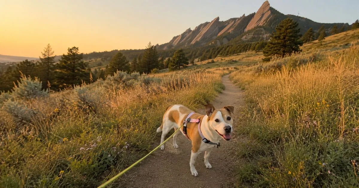 Leashed brown and white dog on a flat, grassy Boulder foothills trail on a dog-friendly hike