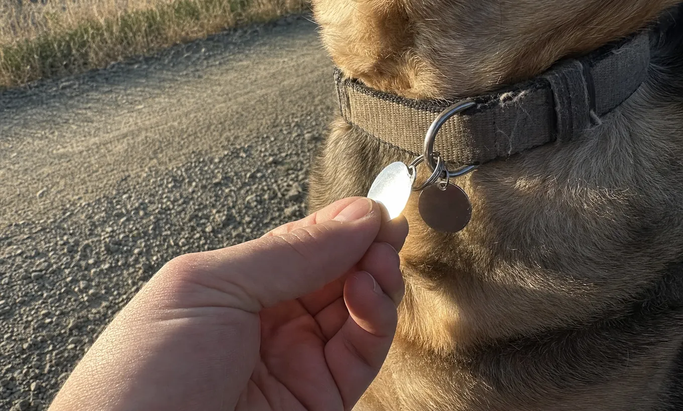 Dog collar with identification and off-leash program tags visible before a trail walk Dog collar with identification and off-leash program tags visible before a trail walk