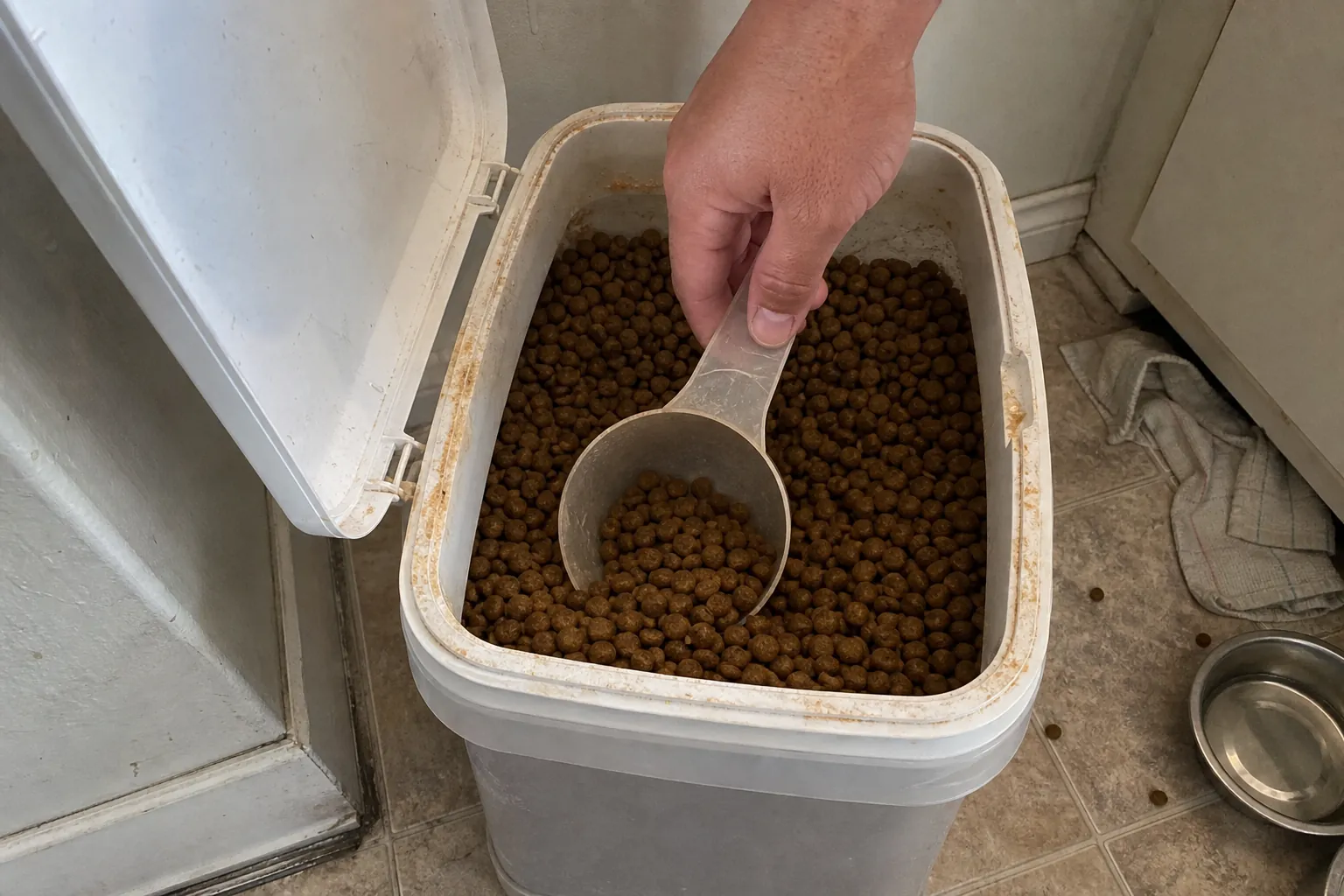 Measuring scoop in a bin of dog food, used to confirm portion size before a dog sitting job Measuring scoop in a bin of dog food, used to confirm portion size before a dog sitting job