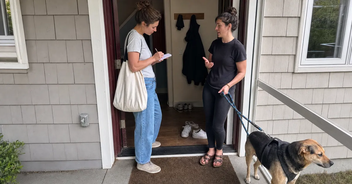 Dog sitter writing notes while a dog owner explains her dog's routine at the front door