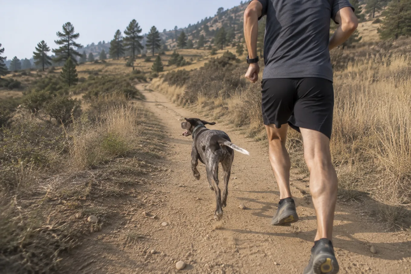 Dog running on a South Boulder trail with a runner during a canine fitness session