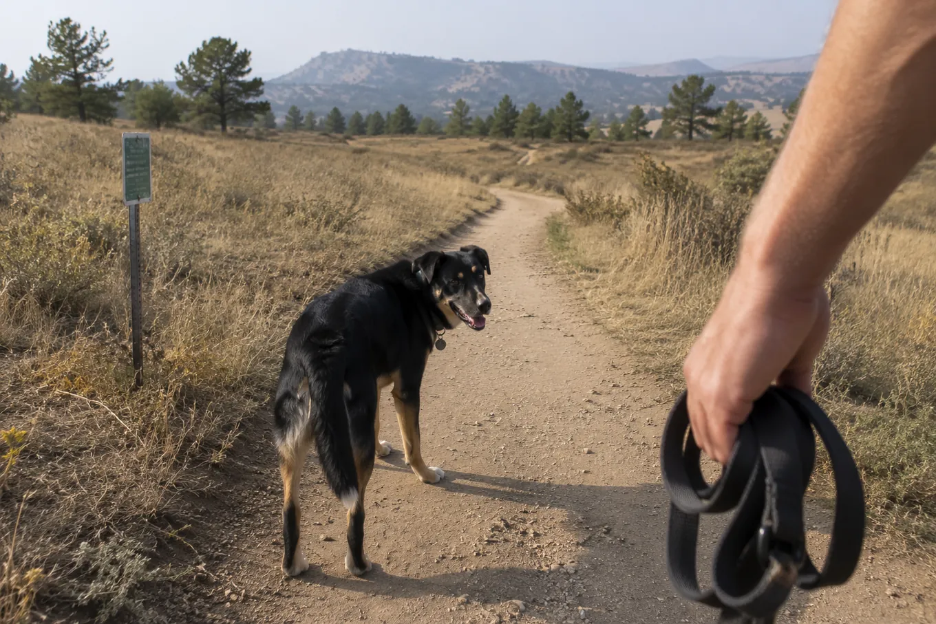 Dog off leash on a Boulder OSMP trail under the Voice and Sight Tag Program