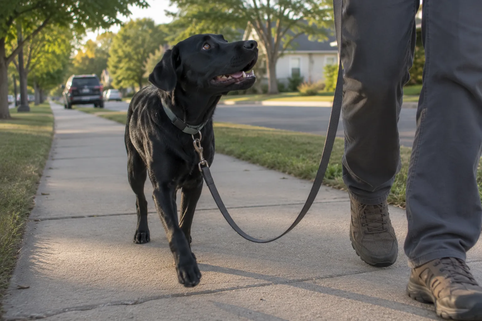 Dog checking in with handler during a structured walk on a Boulder County sidewalk