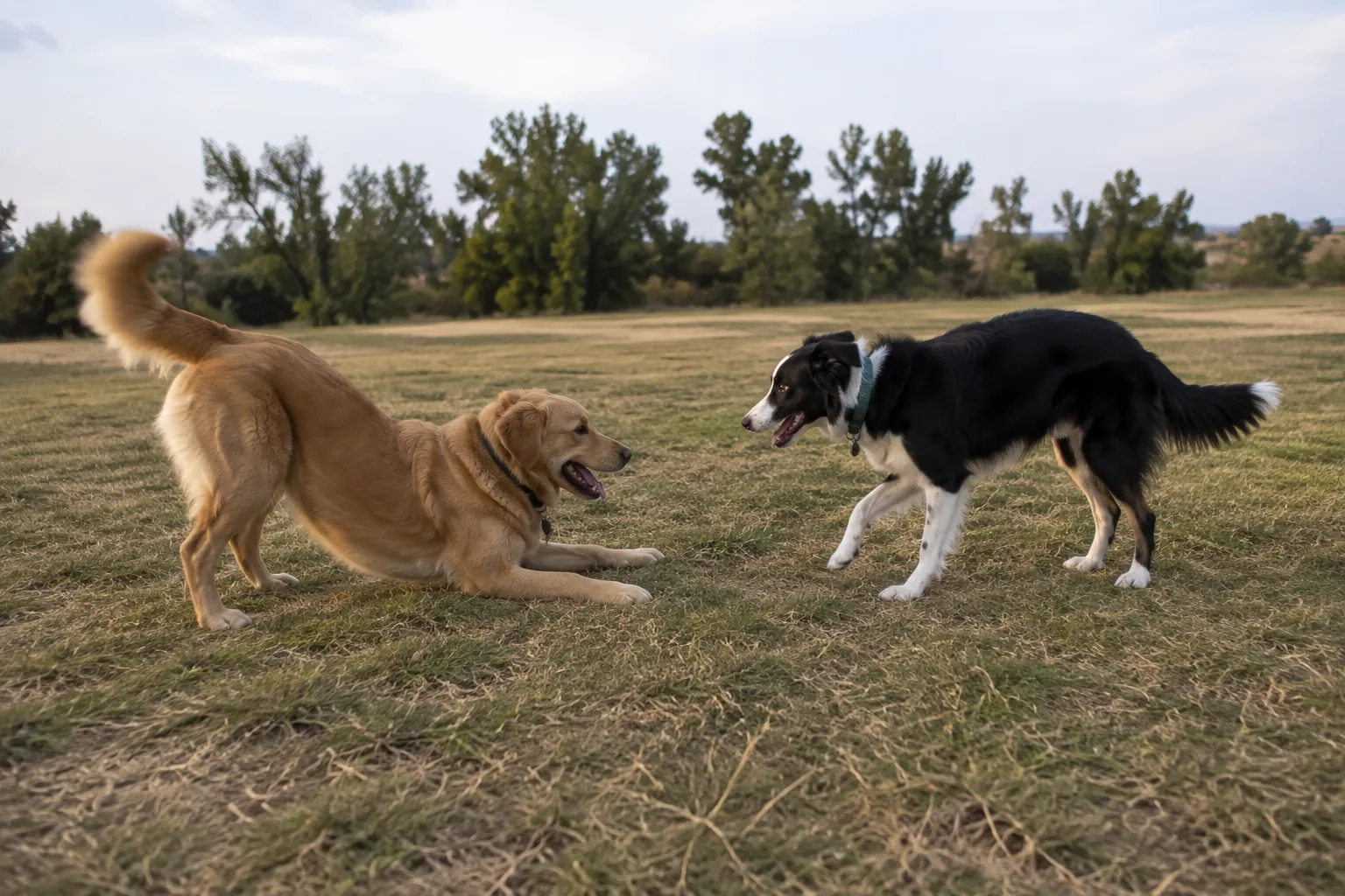 Two dogs showing loose, reciprocal play body language at a dog park