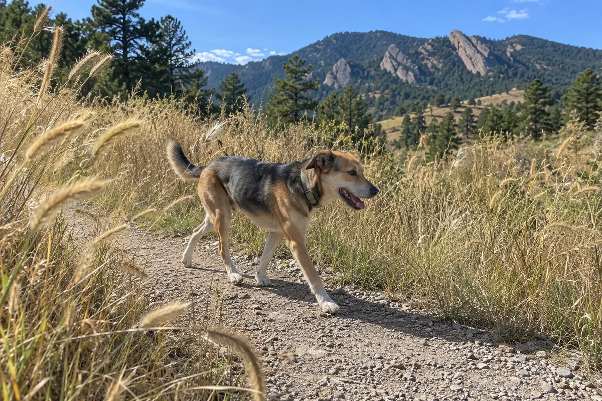 Dog on a Front Range trail beside foxtail grass Dog walking a gravel Front Range trail lined with dry grass carrying bristly seed heads