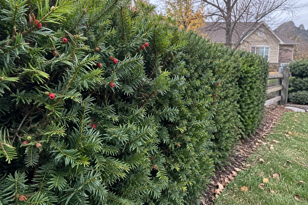Yew hedge in a Boulder County garden Yew hedge with red arils growing along a fence in a Boulder County front garden