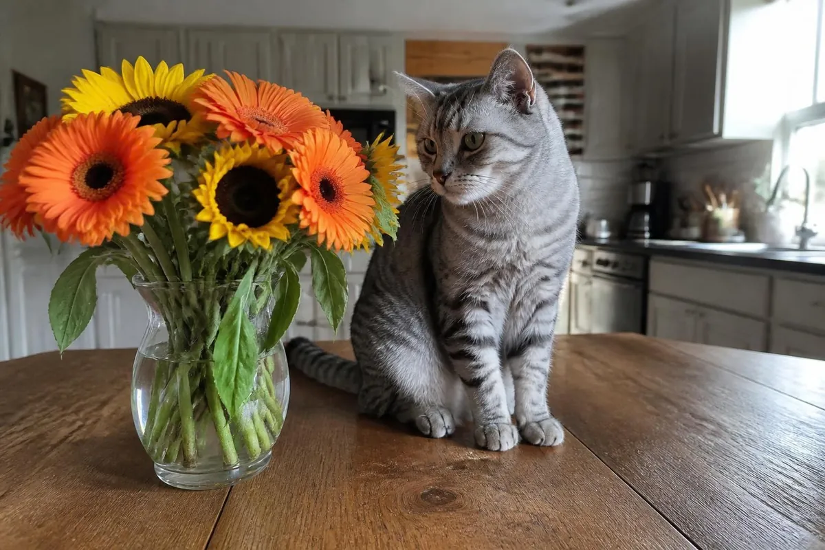 Silver tabby cat on a kitchen table beside a vase of sunflowers and orange gerbera daisies