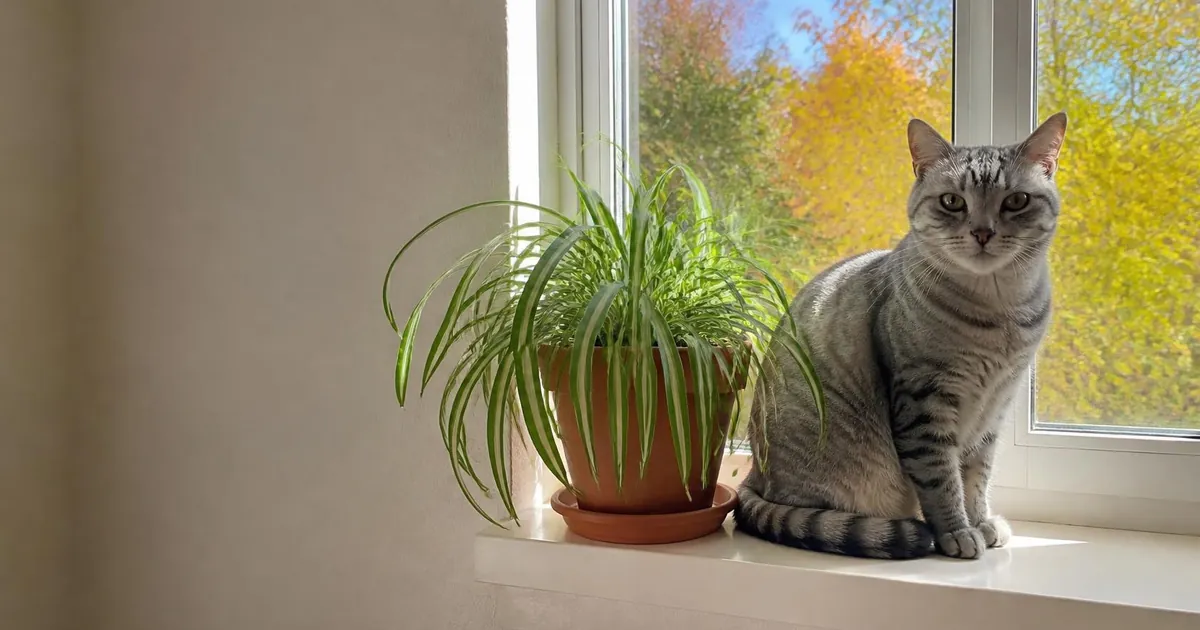 Silver tabby cat on a sunny windowsill beside a potted spider plant, autumn trees outside